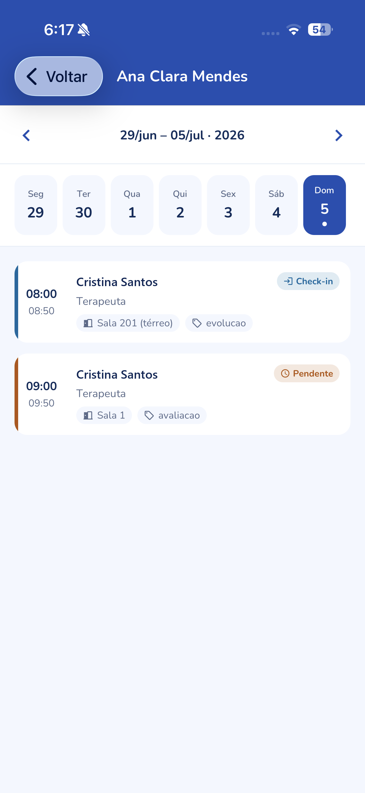 Tela de agendamento do Dudi Conecta com a semana e as sessões do dia