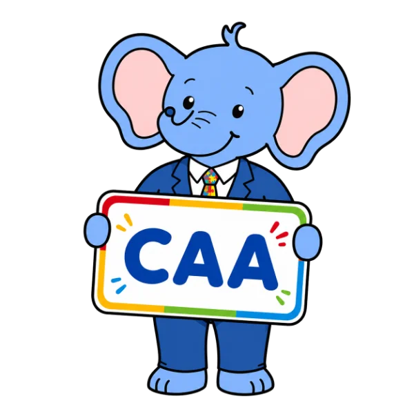 Mascote Dudi segurando uma placa escrita CAA, representando Comunicação Aumentativa e Alternativa