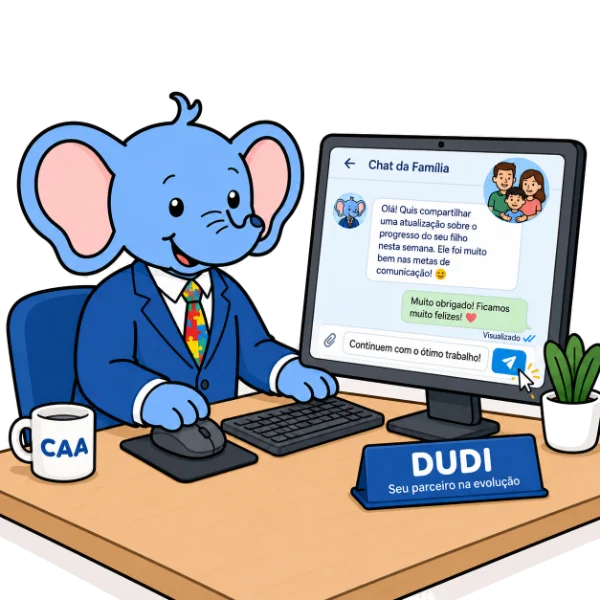 Mascote Dudi no computador conversando com uma família pelo chat do Dudi Conecta