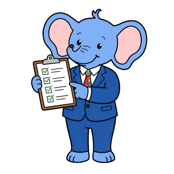 Mascote Dudi de terno mostrando uma prancheta com checklist