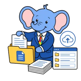Mascote Dudi organizando os arquivos da clínica