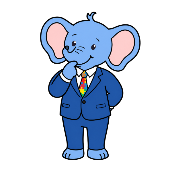 Mascote Dudi pensativo, de terno