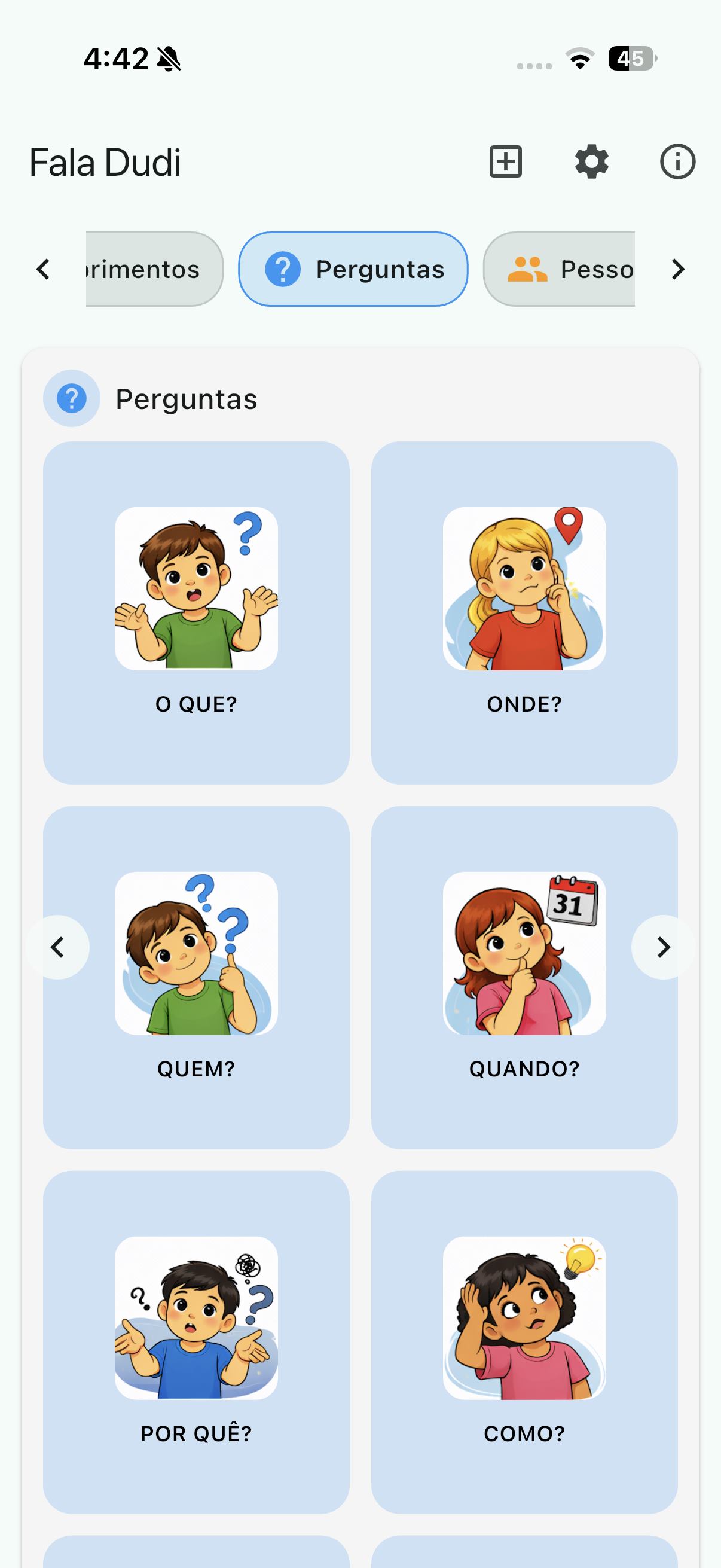 Tela do Fala Dudi com o grupo Perguntas: cartões de O quê?, Onde?, Quem?, Quando?, Por quê? e Como?