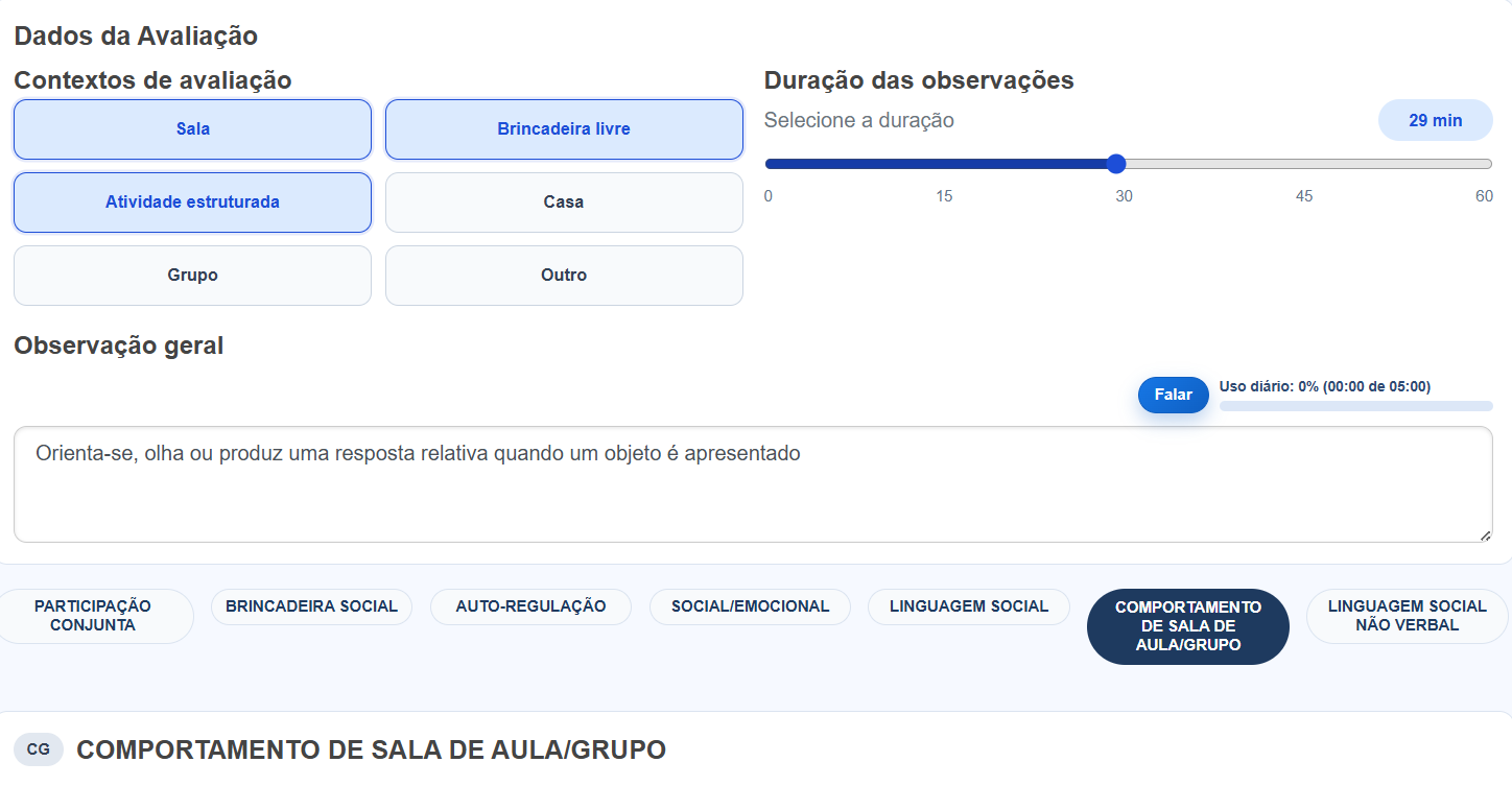 Registro de avaliação com contextos, duração das observações e observação geral por domínio