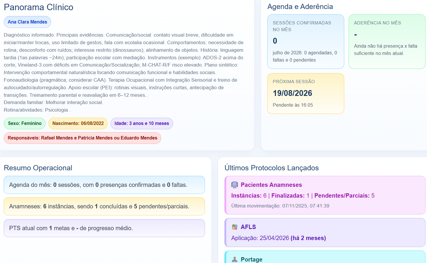 Prontuário do paciente com panorama clínico, agenda e aderência, resumo operacional e últimos protocolos lançados