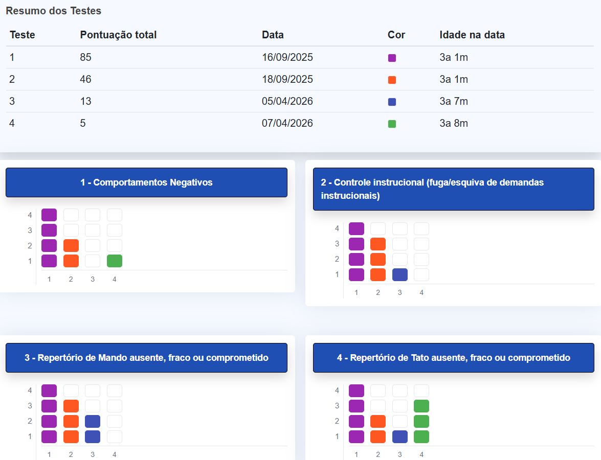 Resumo dos testes aplicados com pontuação total, data e grades de barreiras por aplicação