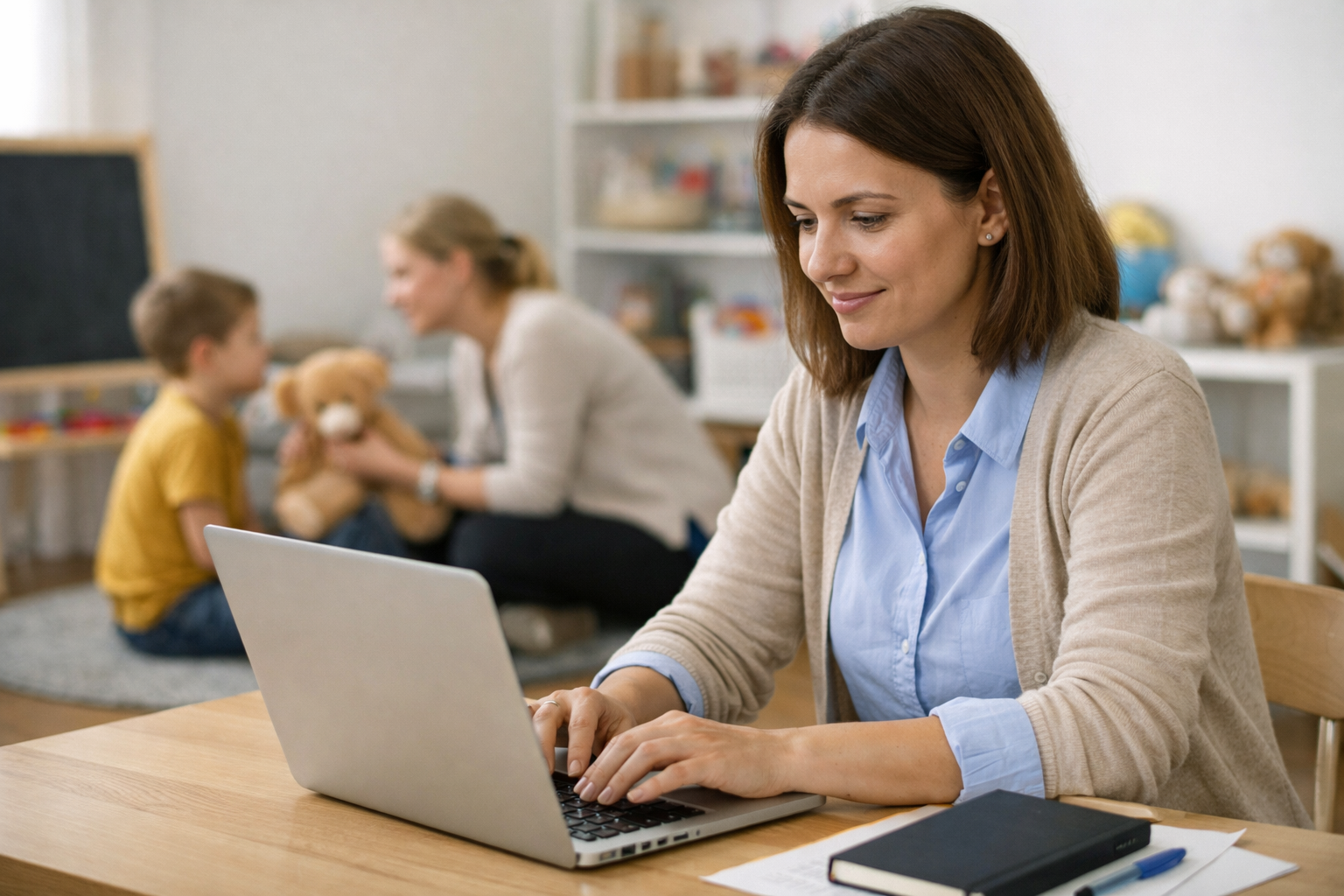 Profissional atendendo uma criança enquanto utiliza a plataforma no notebook
